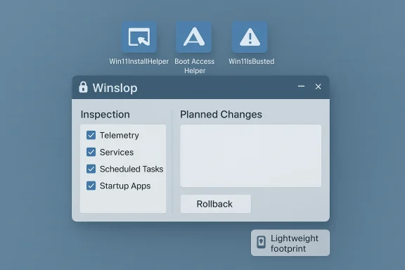 Winslop app window showing an inspection checklist (Telemetry, Services, Tasks, Startup Apps) and a Rollback button.