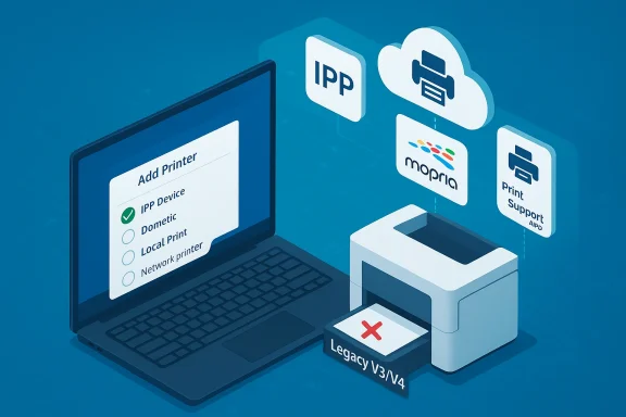 Laptop shows Add Printer options via IPP and Mopria cloud printing; Legacy V3/V4 blocked.
