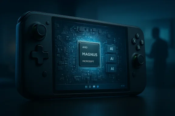 Close-up of a handheld console showing a glowing AI chip labeled MAGNUS amid circuitry. Close-up of a handheld console showing a glowing AI chip labeled MAGNUS amid circuitry.