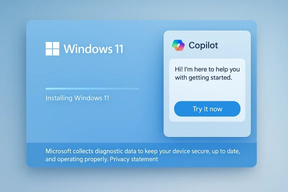 Windows 11 install screen with a Copilot help card and privacy notice. Windows 11 install screen with a Copilot help card and privacy notice.