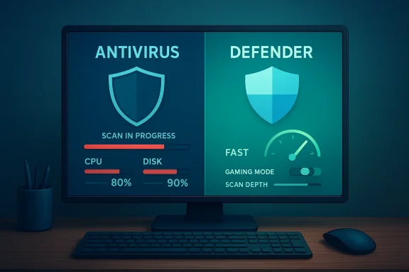 Split-screen monitor shows antivirus progress and defender metrics with shields and gauges.