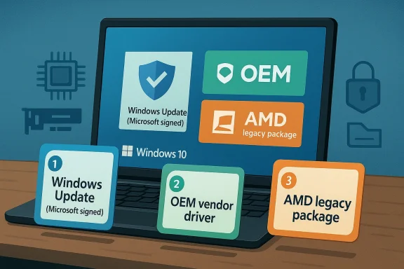 Laptop screen shows Windows 10 update options: Microsoft-signed update, OEM, and AMD legacy package.