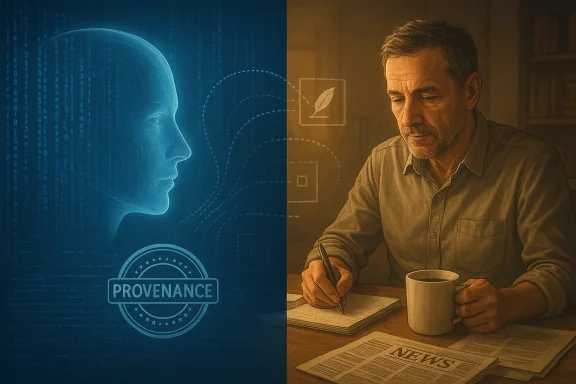Split image: blue digital head left, man writing at a desk right—visualizing information provenance.