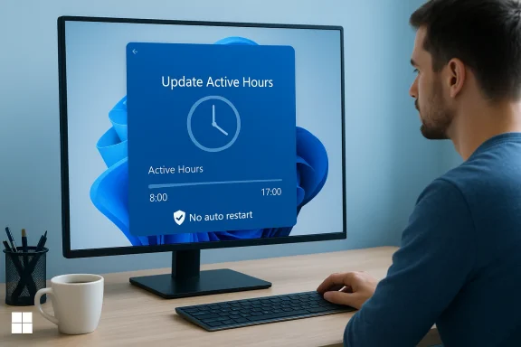 A man adjusts Windows Update Active Hours on his computer monitor.