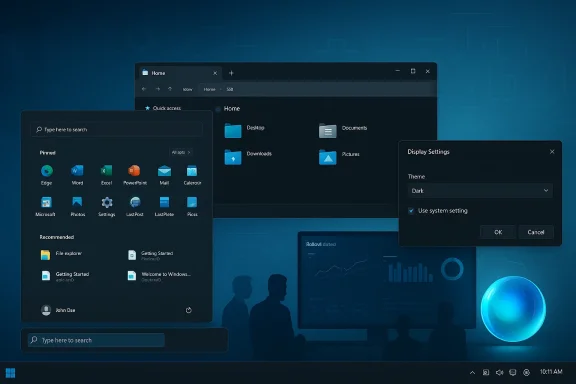 Dark Windows 11 desktop UI on a blue tech wallpaper showing Start menu and Display Settings.
