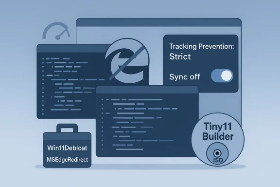 Blue illustration of Windows 11 optimization tools: debloat, Tiny11 Builder, and tracking-prevention settings.