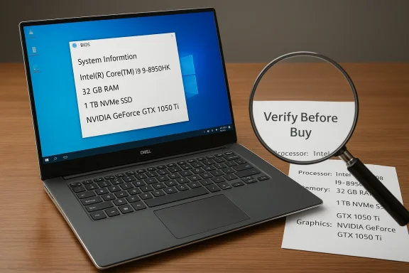 Laptop displays system specs (i9-8950HK, 32GB RAM, 1TB NVMe, GTX 1050 Ti) with a 'Verify Before Buy' sign.