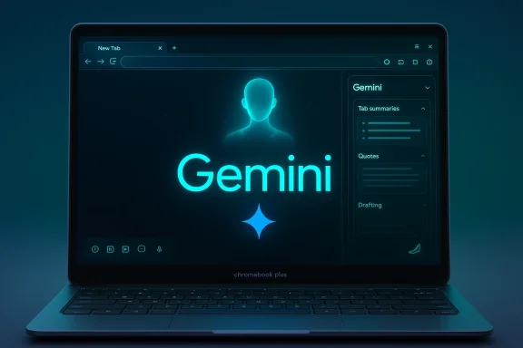 A futuristic neon-blue Gemini interface displayed on a Chromebook laptop.