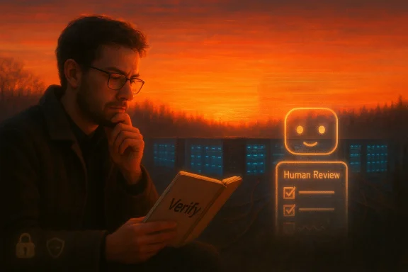 A thoughtful man with glasses reads a Verify book beside a glowing Human Review sign at sunset.