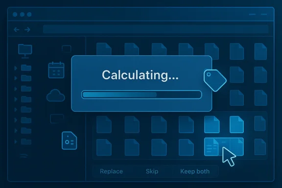 Blue-toned software window shows 'Calculating...' with a progress bar among folders. Blue-toned software window shows 'Calculating...' with a progress bar among folders.