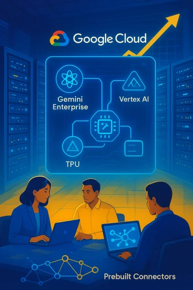 Google Cloud data center scene showing Gemini Enterprise and Vertex AI powered by TPU.