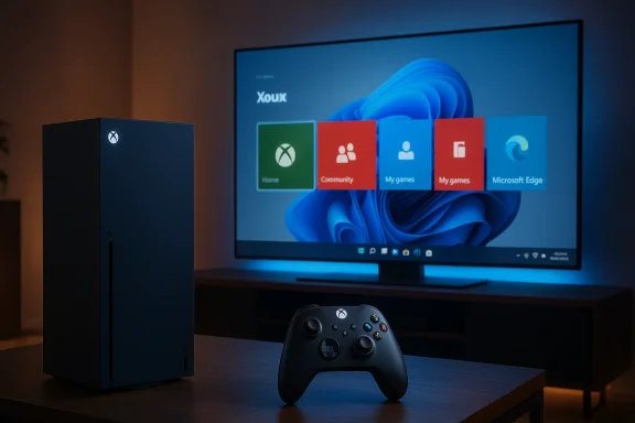 Xbox Series X with controller on a table in front of a TV displaying Windows Xbox UI.
