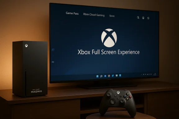Xbox Series X sits beside a large monitor showing 'Xbox Full Screen Experience' with a controller nearby.