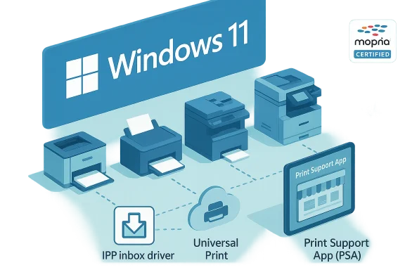 Windows 11 printers linked via Universal Print and the Print Support App (Mopria certified).