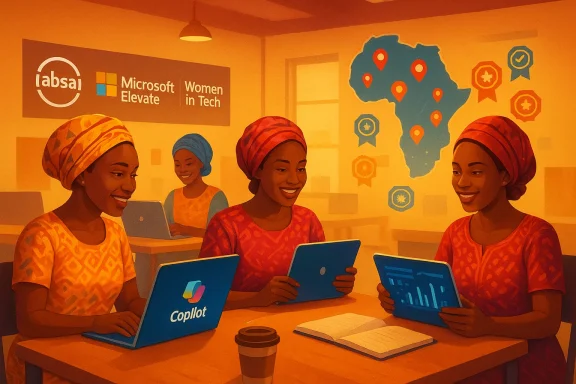 Three African women in headwraps collaborate on laptops at a cozy, tech-focused space.