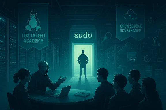 Tech team in a data center watches as a silhouette steps through a glowing 'sudo' doorway.
