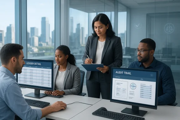 A diverse team reviews ledger details and audit trails in a modern city-view office.