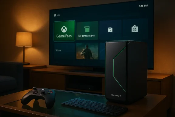 A MAGNUS PC with neon trim sits beside a TV displaying Xbox Game Pass.