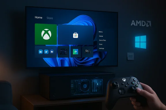 A person uses an Xbox controller to navigate a Windows-like dashboard on a large wall monitor.