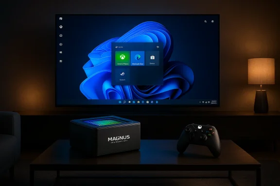 Dark living room gaming setup with a large monitor, a Magnus box, and a game controller.