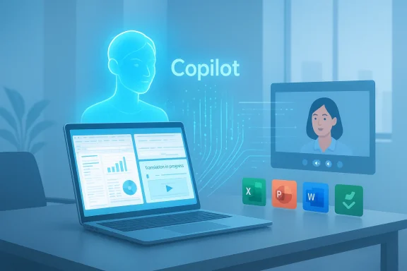 A holographic Copilot assists a worker at a laptop with video chat and Office apps.