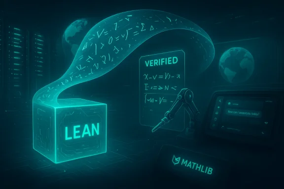 Neon Lean proof assistant scene featuring a glowing LEAN block, a VERIFIED panel, a robotic arm, and Mathlib.