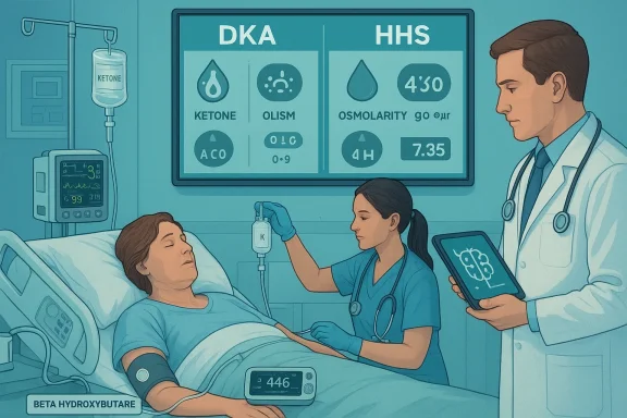 ICU scene: patient on IV as doctors monitor a DKA vs HHS comparison board.