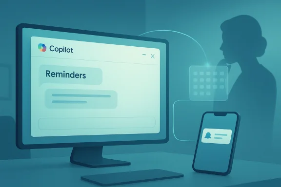 Desktop monitor shows Copilot Reminders while a smartphone displays a notification.