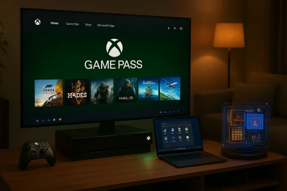 Cozy living-room gaming setup with Xbox Game Pass on a large monitor, Xbox console, controller, and a laptop.