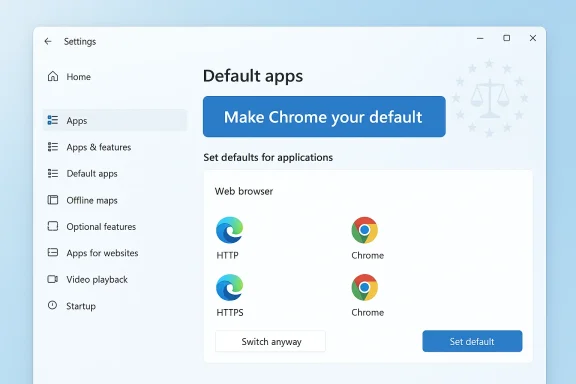 Settings UI showing Default apps with a large button to make Chrome your default.