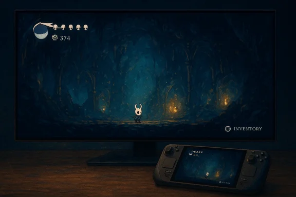 A tiny Hollow Knight-like knight explores a glowing blue cavern, shown on a monitor and handheld console.