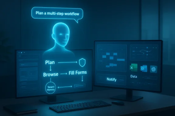 Holographic assistant outlines a multi-step workflow on dual monitors with data-flow visuals.