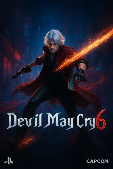 Dante-inspired hero in a red coat wields a flaming sword and pistol in a neon city night. Dante-inspired hero in a red coat wields a flaming sword and pistol in a neon city night.