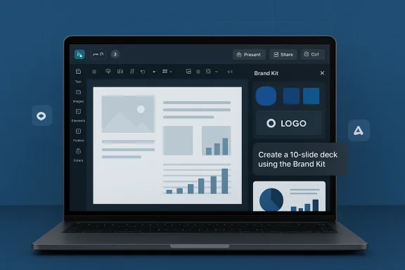 Laptop screen showing a design app with a Brand Kit panel and slide-deck previews.