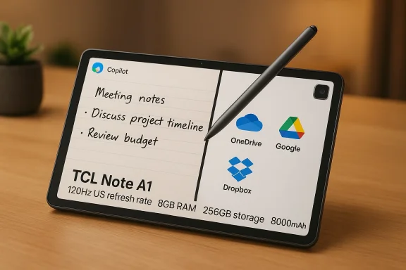 TCL Note A1 tablet with a stylus, showing split-screen notes and cloud storage icons.