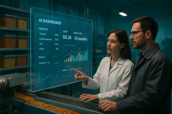 Two scientists review an AI dashboard projected on a glass screen beside a food-processing conveyor.