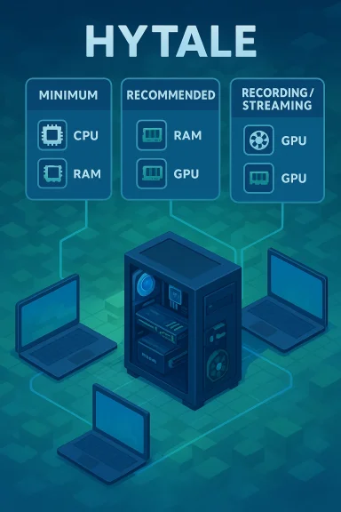 Infographic showing a server rack linked to laptops with minimum, recommended, and streaming specs.