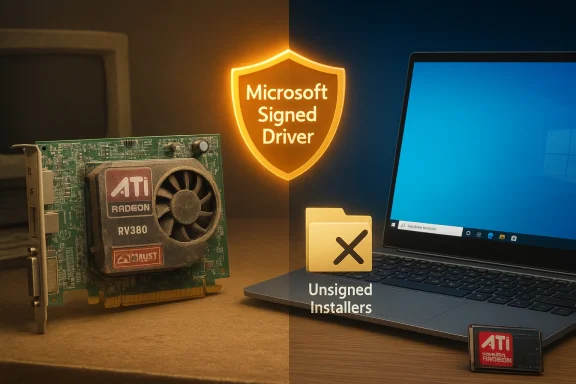 Split-screen: an old ATI Radeon RV380 card on the left and a laptop with a 'Microsoft Signed Driver' shield on the right.