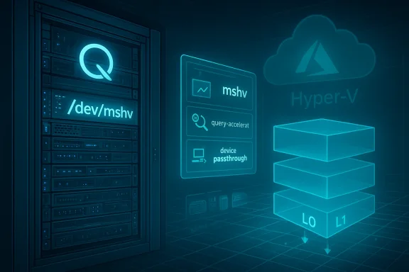 Server rack labeled /dev/mshv with Hyper‑V cloud visualization.
