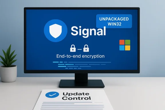 Monitor shows Signal branding with end-to-end encryption and an Update Control sheet on the desk.