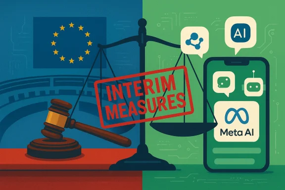 EU interim measures on AI, depicted by scales of justice, a gavel, and Meta AI on a smartphone. EU interim measures on AI, depicted by scales of justice, a gavel, and Meta AI on a smartphone.