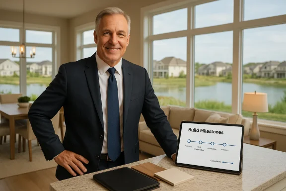A suited man stands at a kitchen island, smiling, with a tablet showing a 'Build Milestones' timeline.