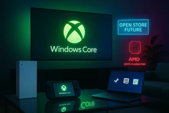 Neon-lit room showcasing Windows Core on a big screen with an Xbox handheld and AMD signage.