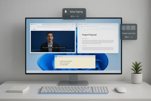 A modern desk setup with a widescreen monitor showing multiple floating productivity windows.