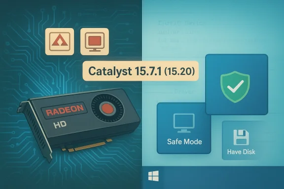 Radeon HD GPU illustration with Catalyst 15.7.1 software icons and a security shield motif.
