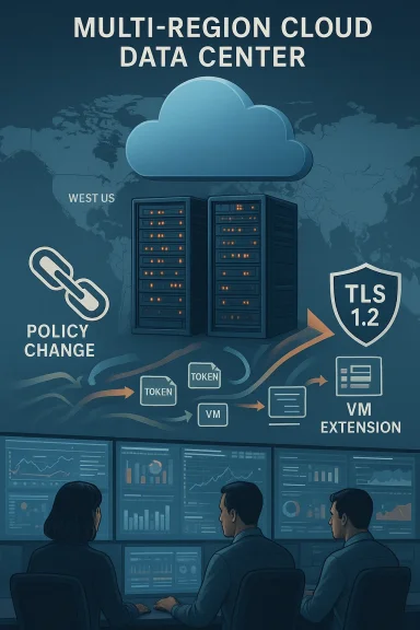 Illustration of a multi-region cloud data center with servers, policy change, TLS 1.2, tokens, and VM extensions.