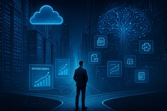 A businessman stands in a neon blue city of data, with floating charts and cloud icon.