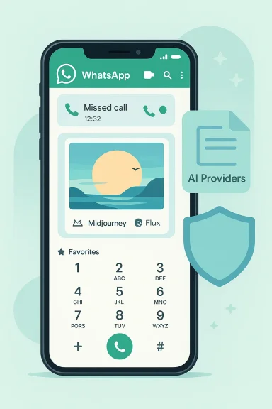 A stylized WhatsApp chat screen on a smartphone, with an AI Providers document and a shield icon.