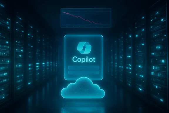 Neon Copilot sign above a glowing cloud in a futuristic data center.