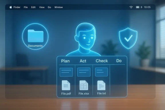 A blue holographic workspace showing a Documents icon, shield, and Plan–Act–Check–Do workflow.